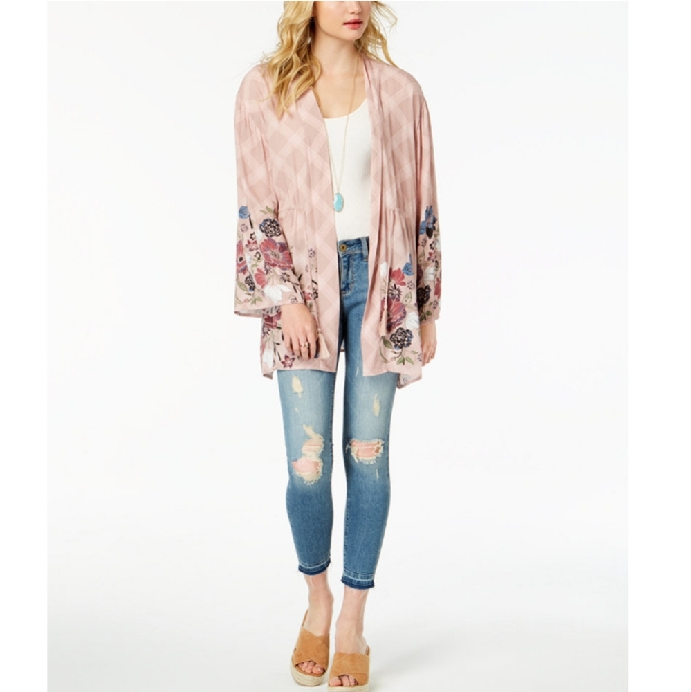 American Rag Pink Floral Printed Open Front Kimono Blazer